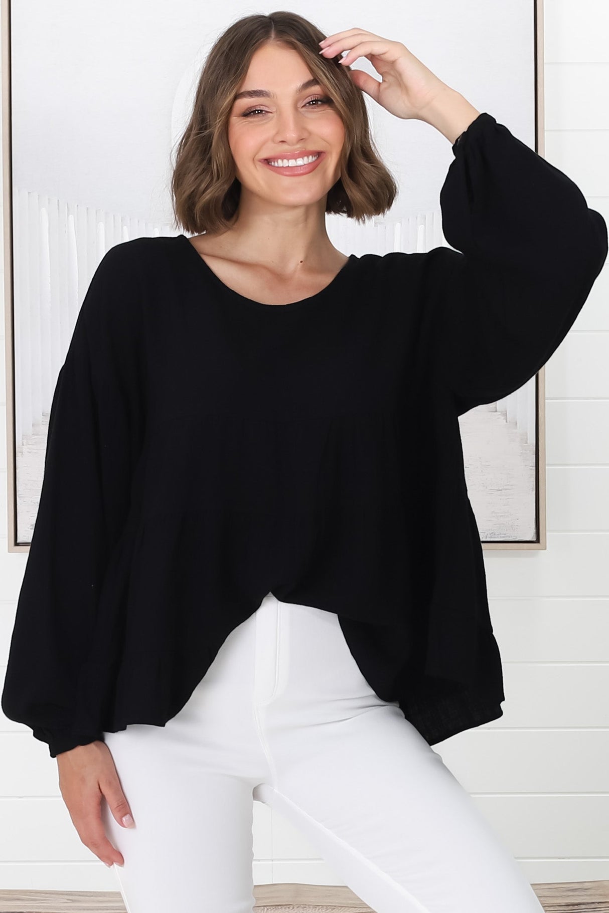 Gabby Top - Tiered Linen Top in Black