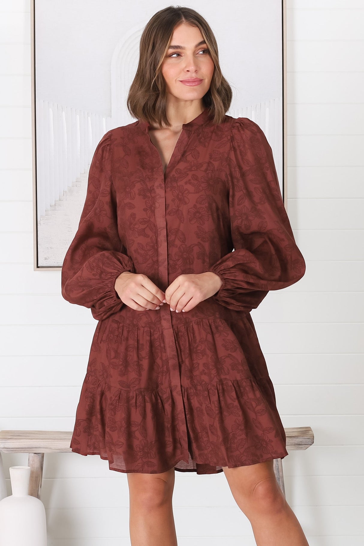 Danny Mini Dress - Mandarin Collar Buttoned Down Dress in Carrol Burgandy