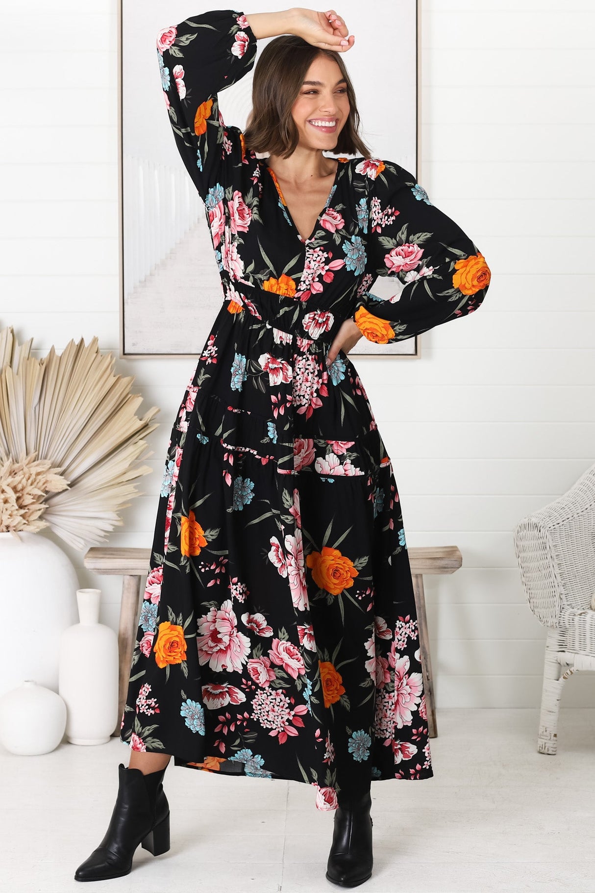 Elza Maxi Dress - A line dress with Balloon Sleeves in our Lena Print