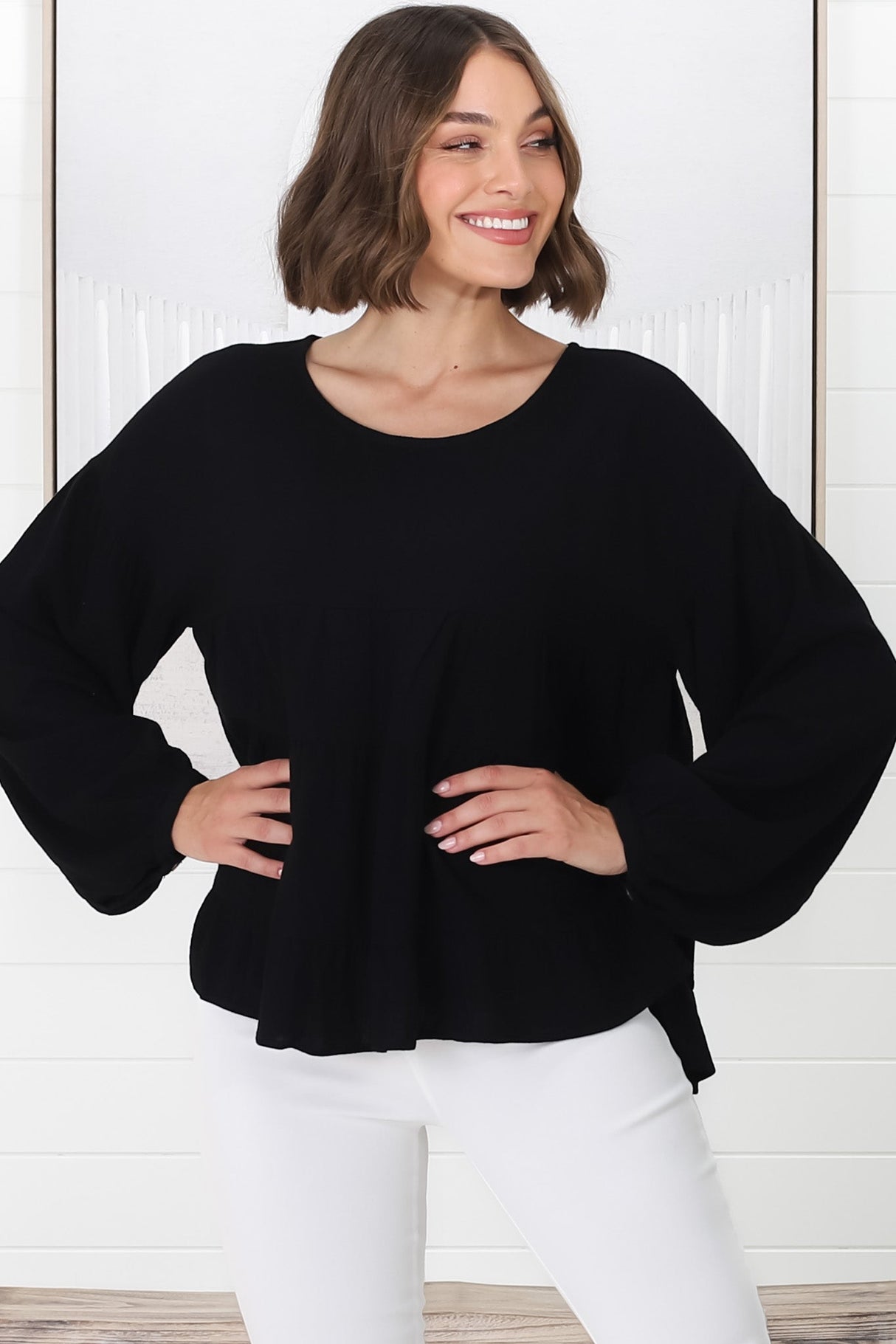 Gabby Top - Tiered Linen Top in Black