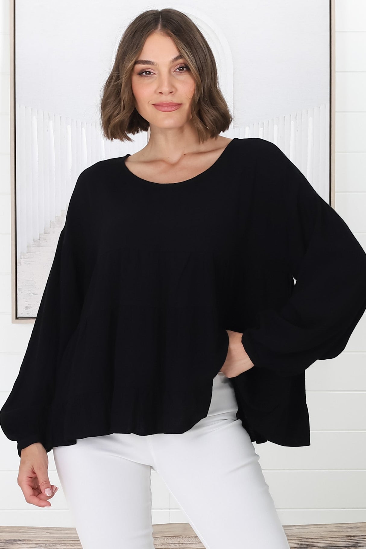 Gabby Top - Tiered Linen Top in Black