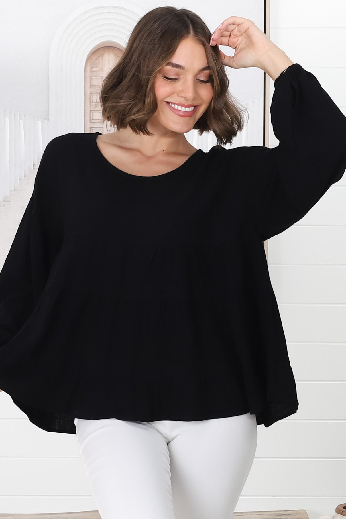 Gabby Top - Tiered Linen Top in Black