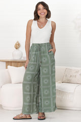 Mahina Pants - High Waisted Straight Leg Pants Astra Print in Green