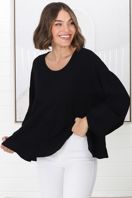 Gabby Top - Tiered Linen Top in Black