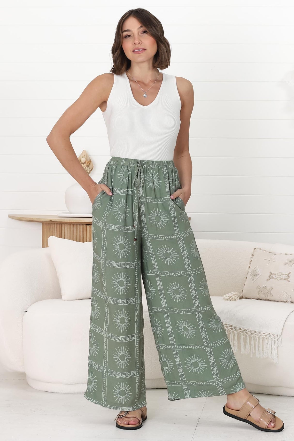 Mahina Pants - High Waisted Straight Leg Pants Astra Print in Green