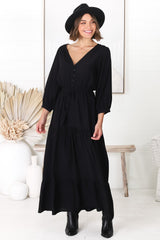 Mia Maxi Dress - V Neck 3/4 Sleeve Tiered Dress in Black