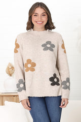 Shay Jumper - Multi Colour Flower Detail Crew Neck Jumper in Oat Marle