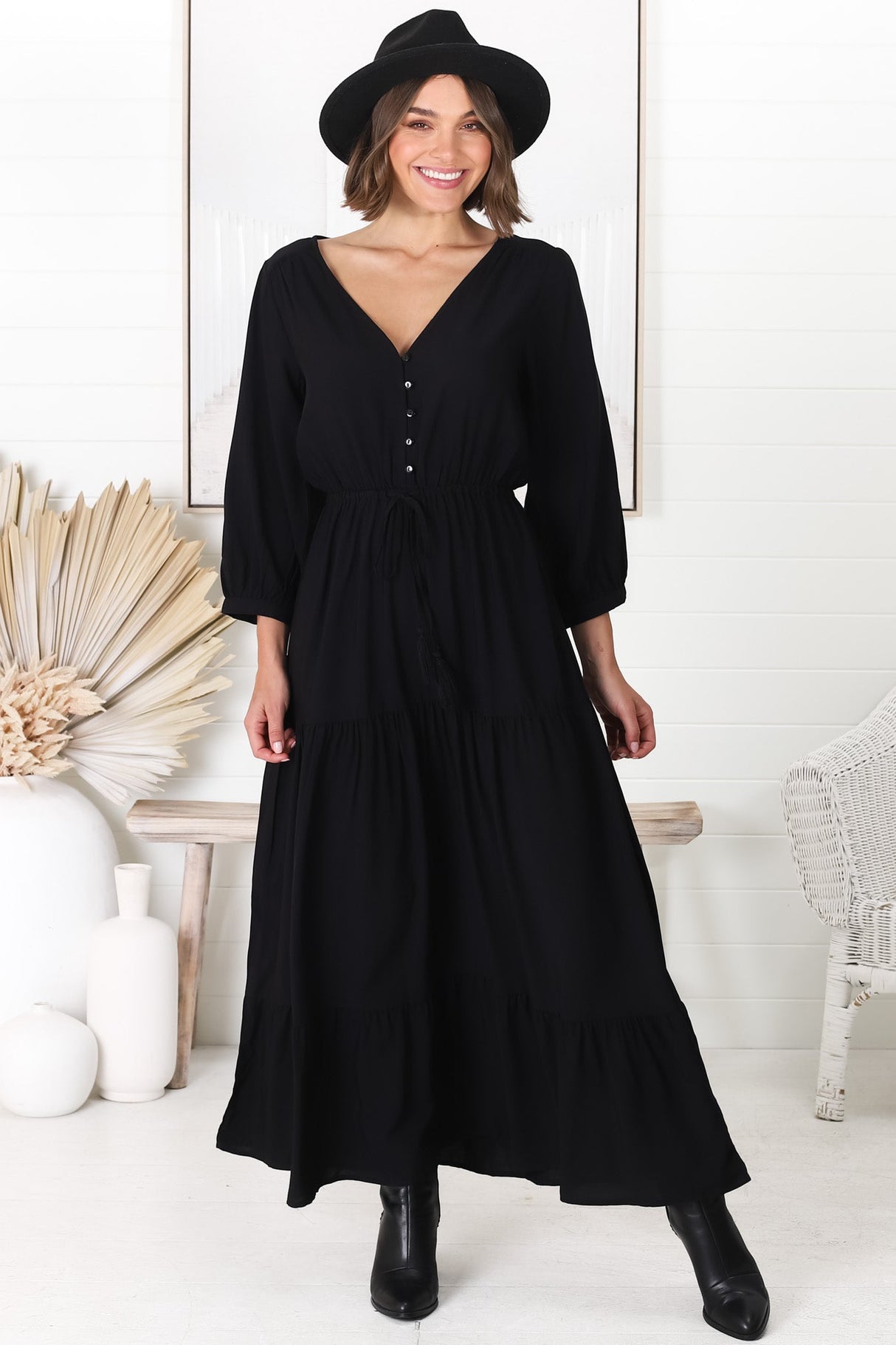 Mia Maxi Dress - V Neck 3/4 Sleeve Tiered Dress in Black