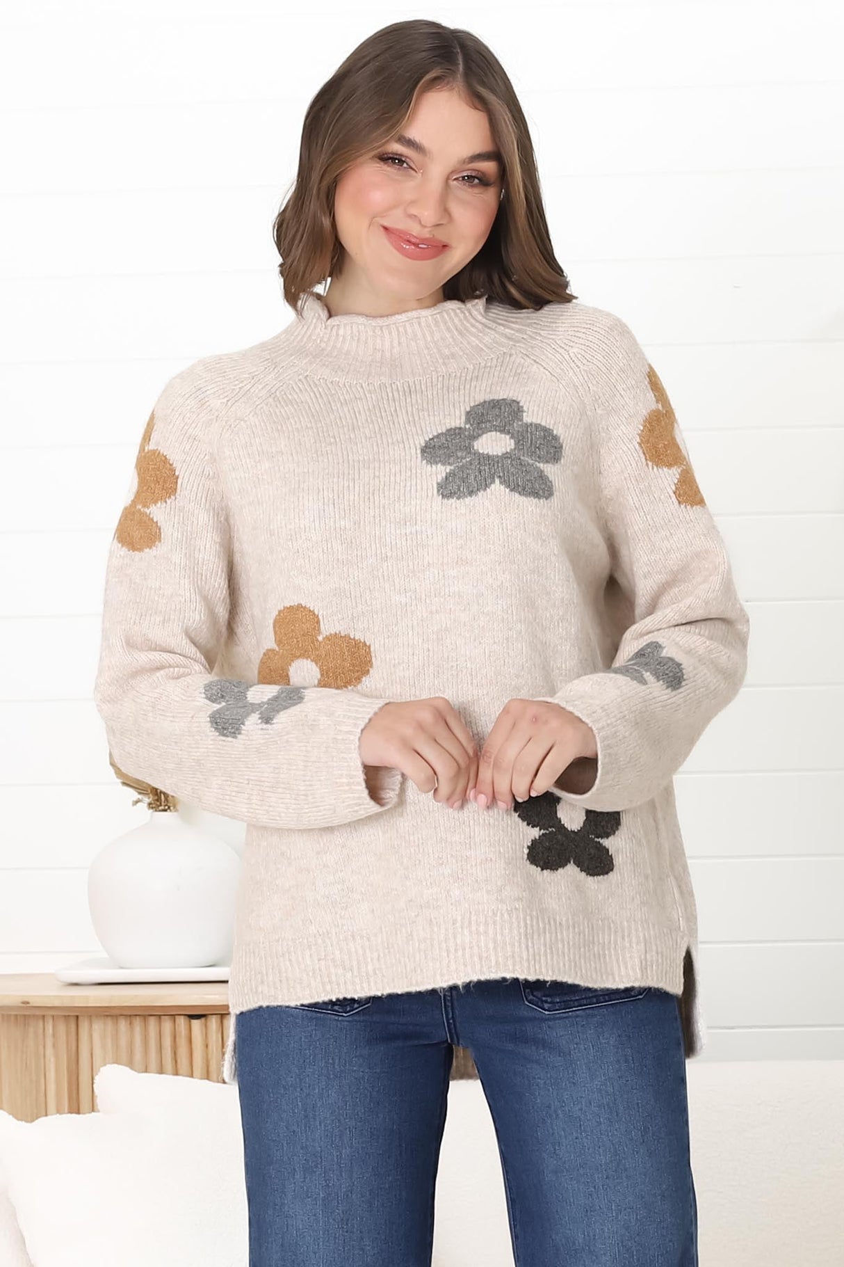 Shay Jumper - Multi Colour Flower Detail Crew Neck Jumper in Oat Marle