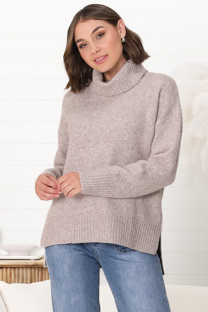 Trilly Jumper - Turtle Neck Realxed Jumper Step Hemline in Fawn Marle