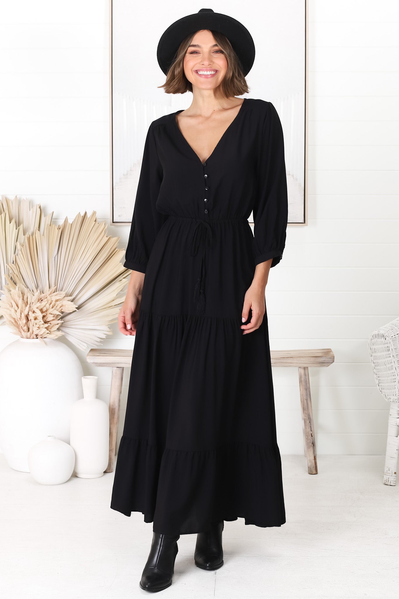 Mia Maxi Dress - V Neck 3/4 Sleeve Tiered Dress in Black