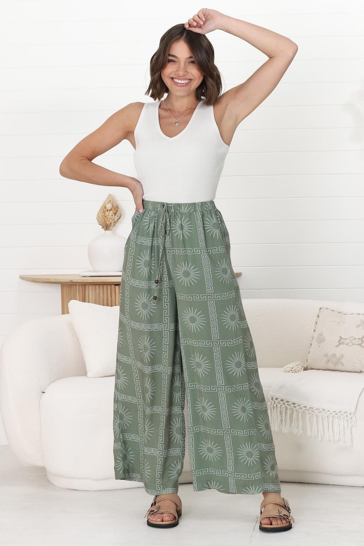 Mahina Pants - High Waisted Straight Leg Pants Astra Print in Green