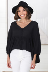 Lucah Top - V-Neck Button Through Mid Sleeve Top in Black