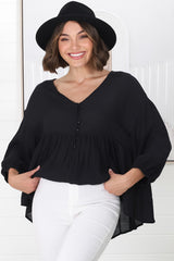 Lucah Top - V-Neck Button Through Mid Sleeve Top in Black