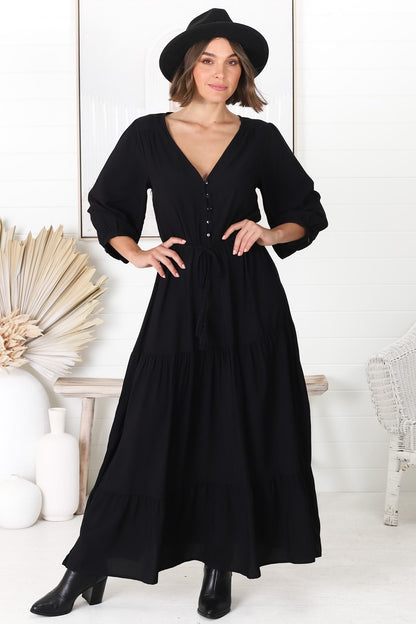 Mia Maxi Dress - V Neck 3/4 Sleeve Tiered Dress in Black