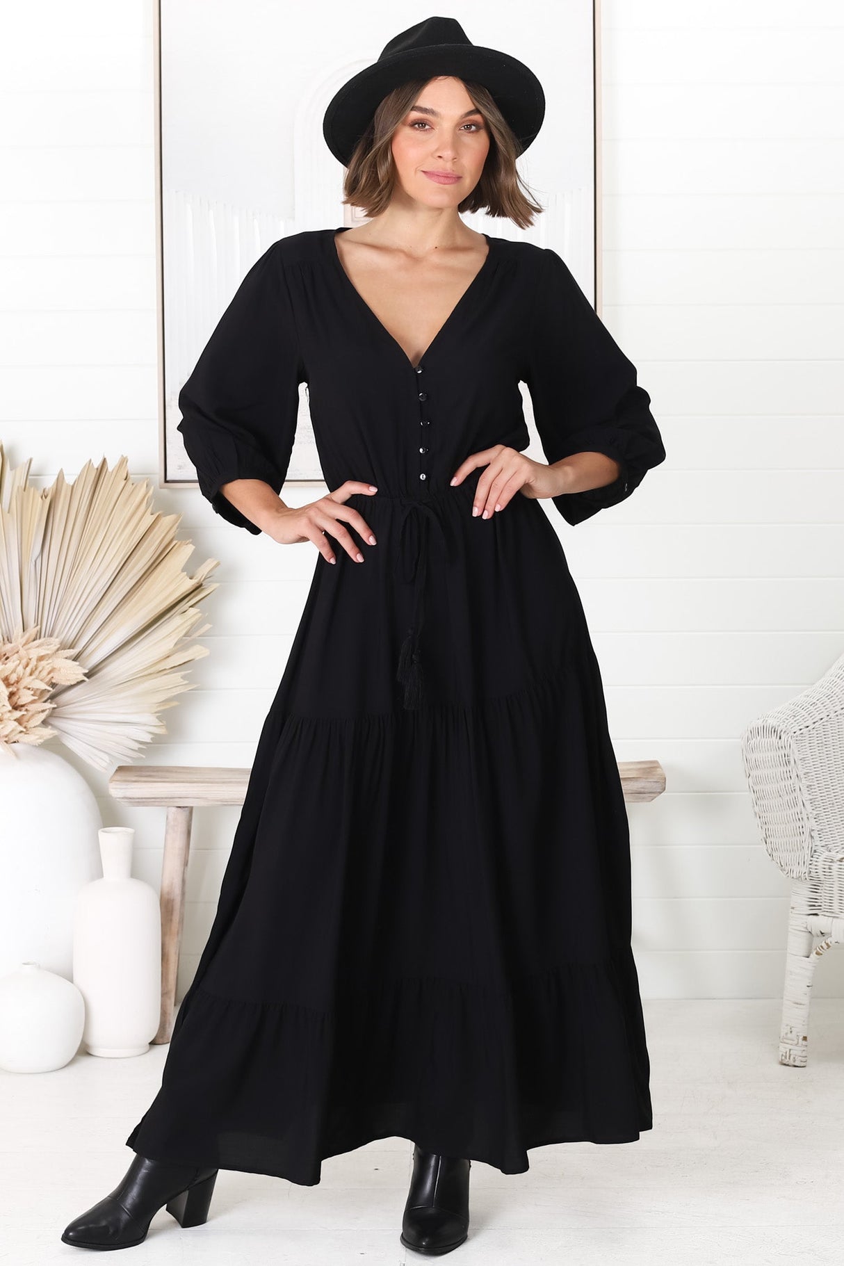 Mia Maxi Dress - V Neck 3/4 Sleeve Tiered Dress in Black