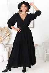 Mia Maxi Dress - V Neck 3/4 Sleeve Tiered Dress in Black