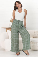 Mahina Pants - High Waisted Straight Leg Pants Astra Print in Green