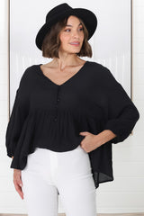 Lucah Top - V-Neck Button Through Mid Sleeve Top in Black