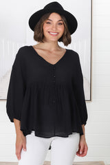 Lucah Top - V-Neck Button Through Mid Sleeve Top in Black