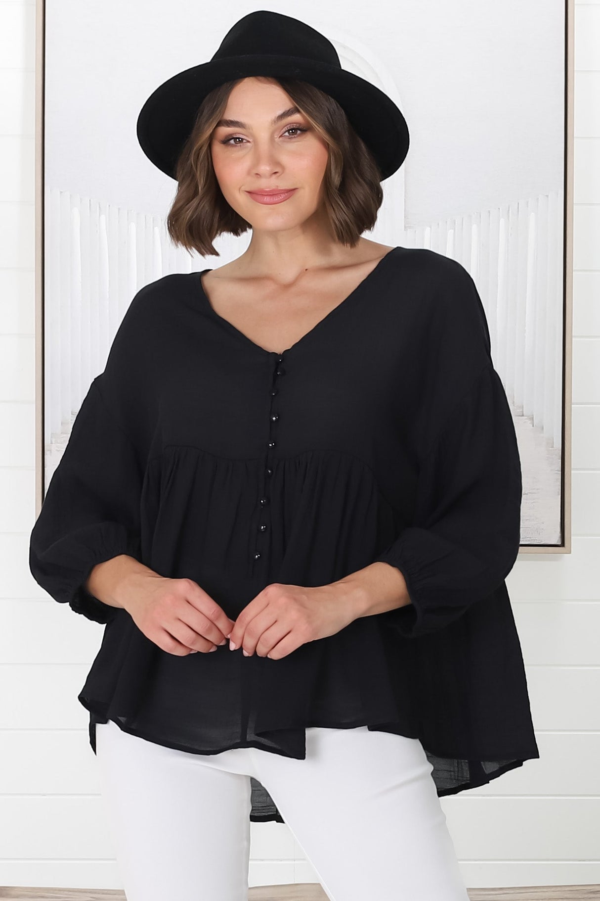 Lucah Top - V-Neck Button Through Mid Sleeve Top in Black