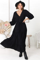 Mia Maxi Dress - V Neck 3/4 Sleeve Tiered Dress in Black