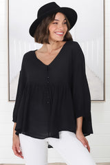 Lucah Top - V-Neck Button Through Mid Sleeve Top in Black