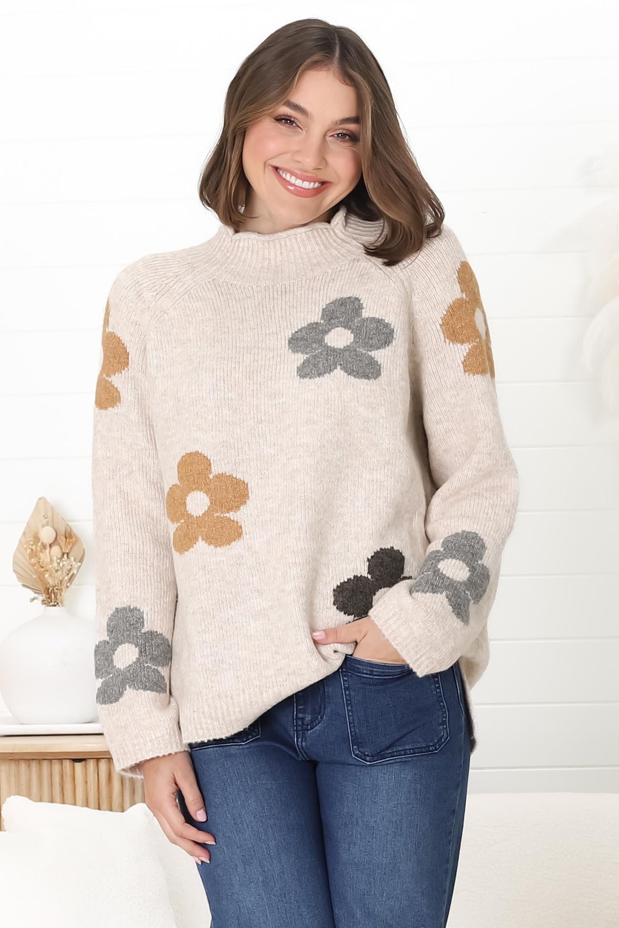 Shay Jumper - Multi Colour Flower Detail Crew Neck Jumper in Oat Marle