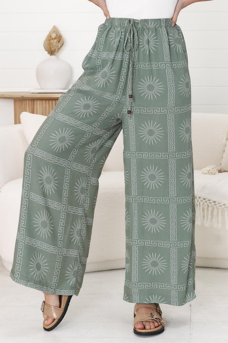 Mahina Pants - High Waisted Straight Leg Pants Astra Print in Green