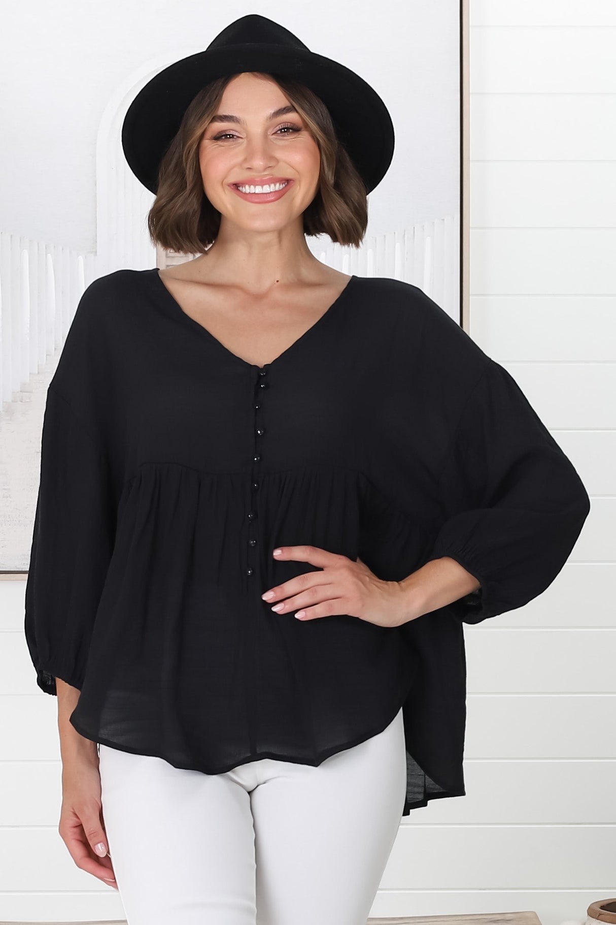 Lucah Top - V-Neck Button Through Mid Sleeve Top in Black