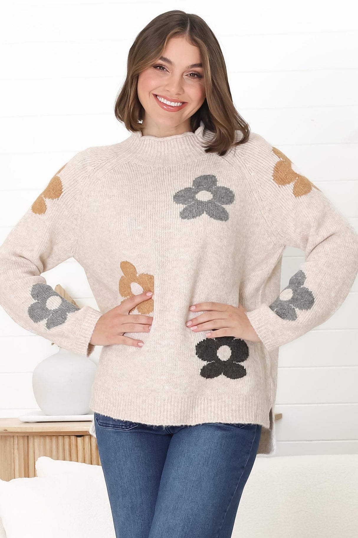 Shay Jumper - Multi Colour Flower Detail Crew Neck Jumper in Oat Marle