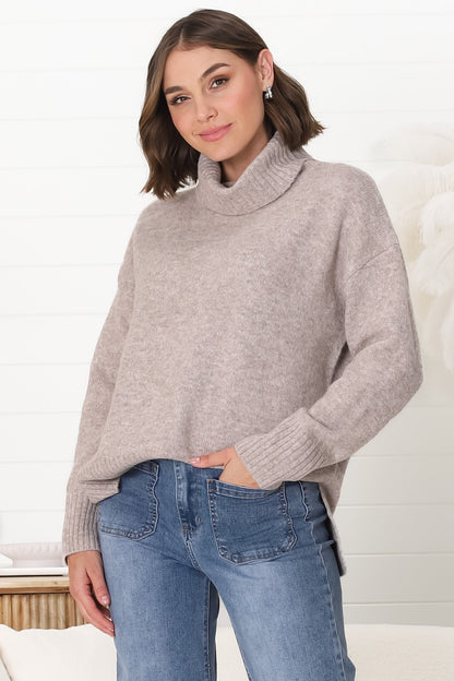Trilly Jumper - Turtle Neck Realxed Jumper Step Hemline in Fawn Marle