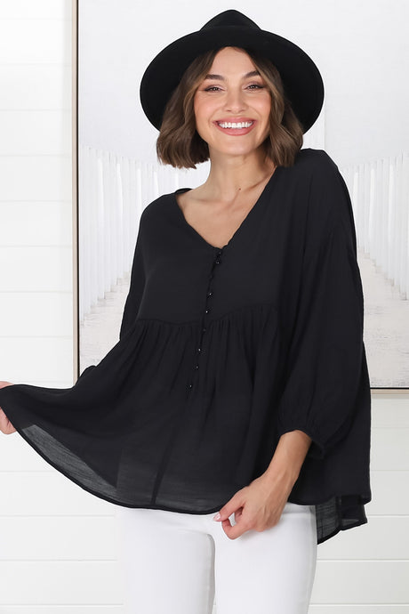 Lucah Top - V-Neck Button Through Mid Sleeve Top in Black