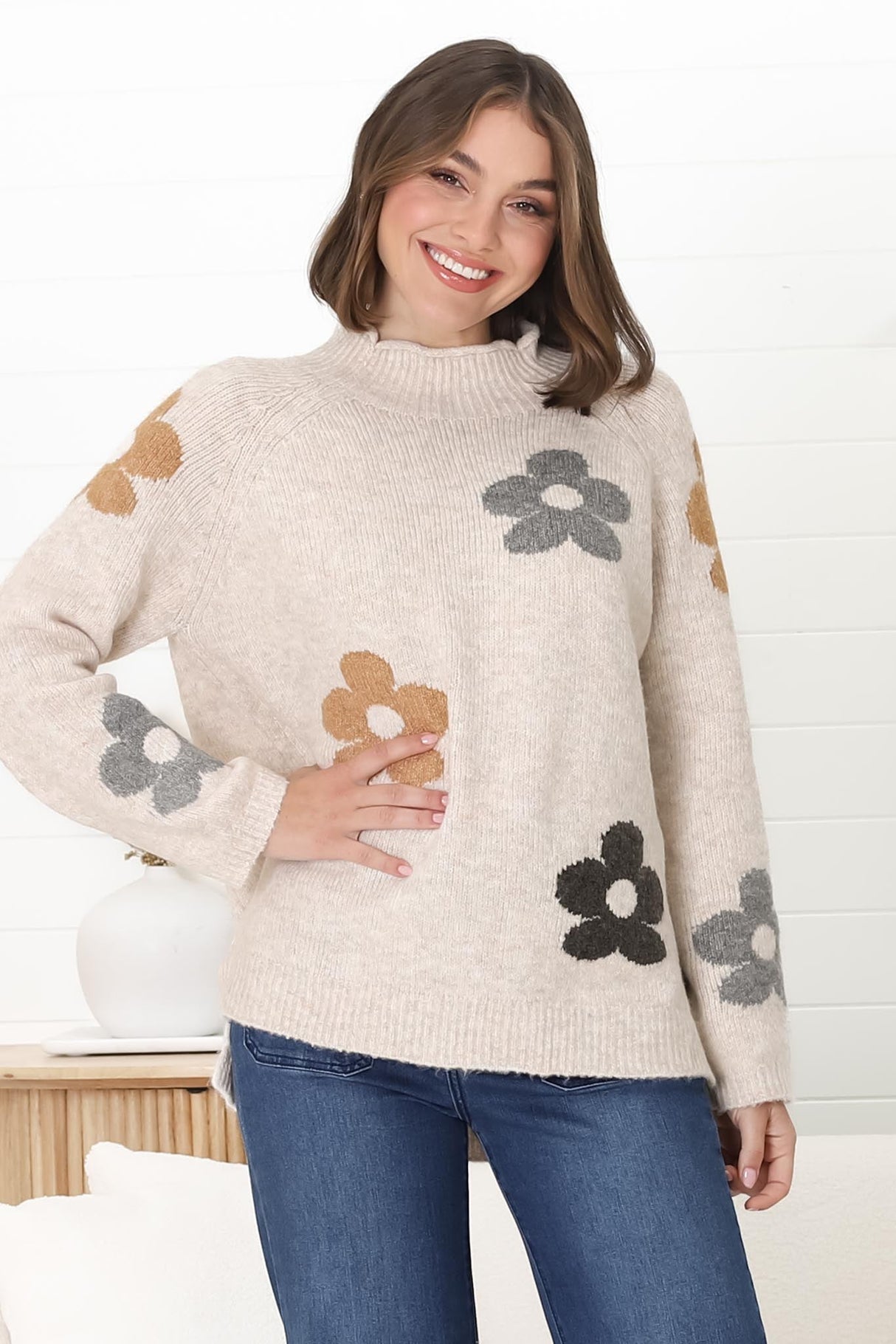 Shay Jumper - Multi Colour Flower Detail Crew Neck Jumper in Oat Marle