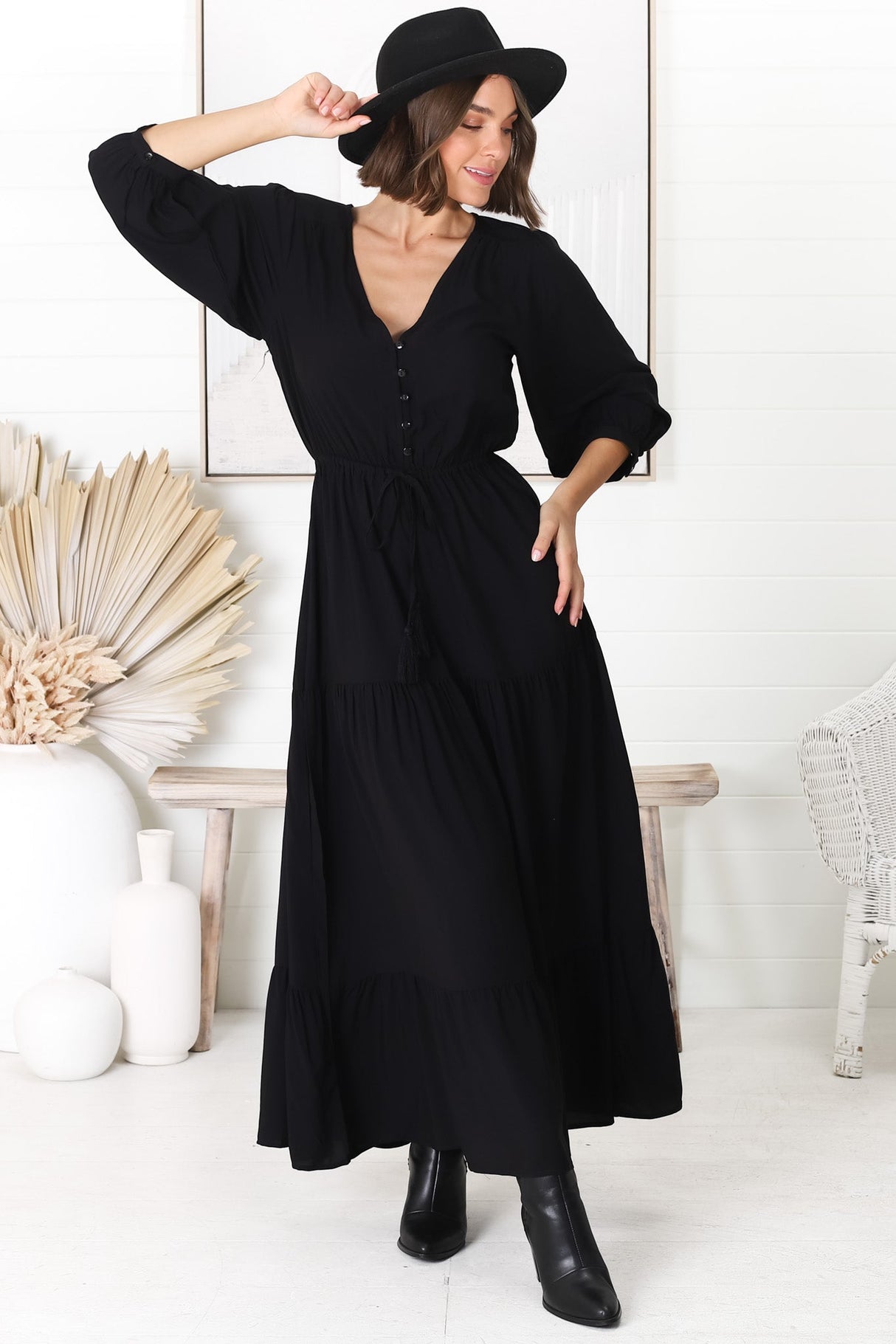 Mia Maxi Dress - V Neck 3/4 Sleeve Tiered Dress in Black