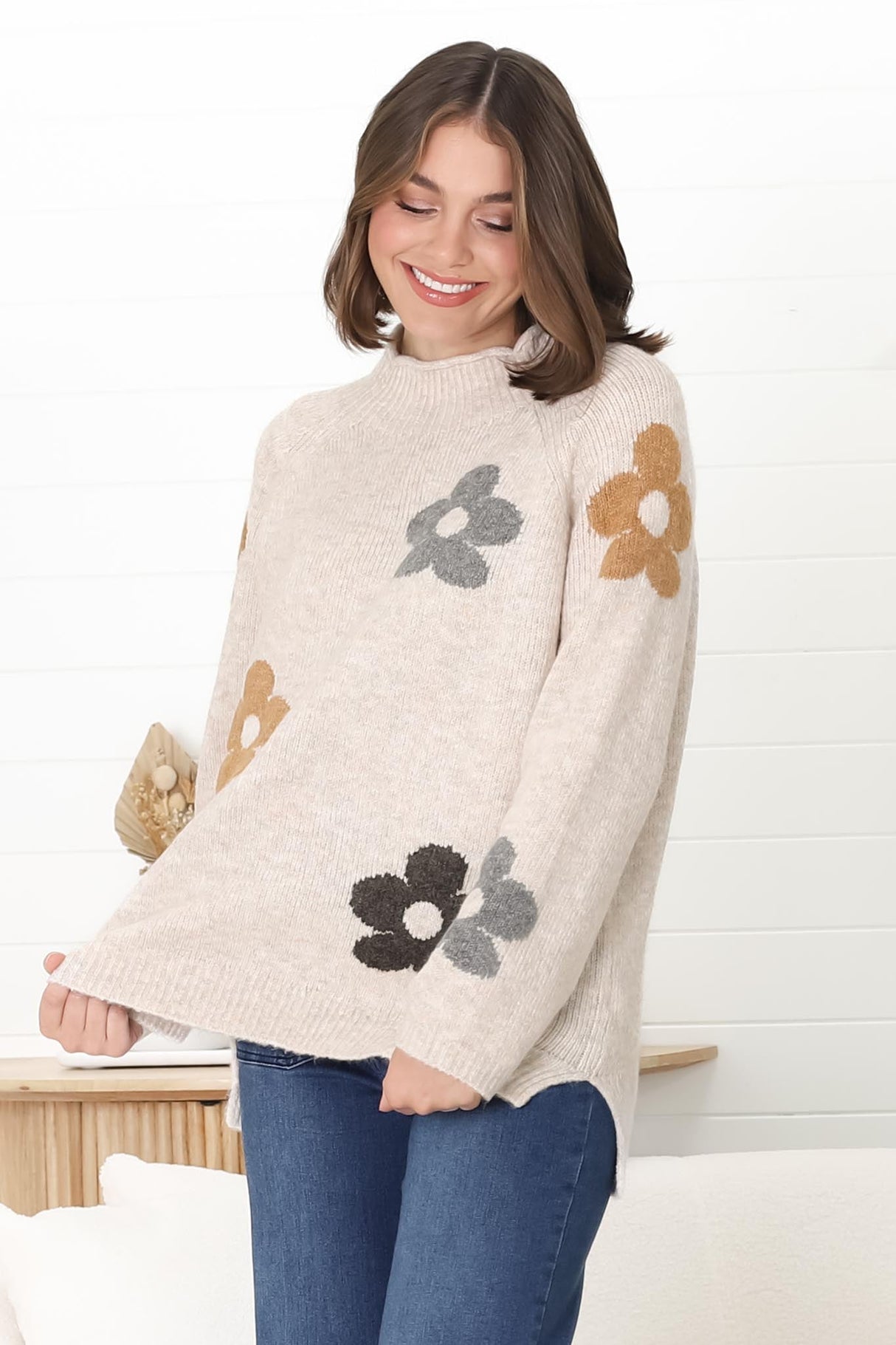 Shay Jumper - Multi Colour Flower Detail Crew Neck Jumper in Oat Marle