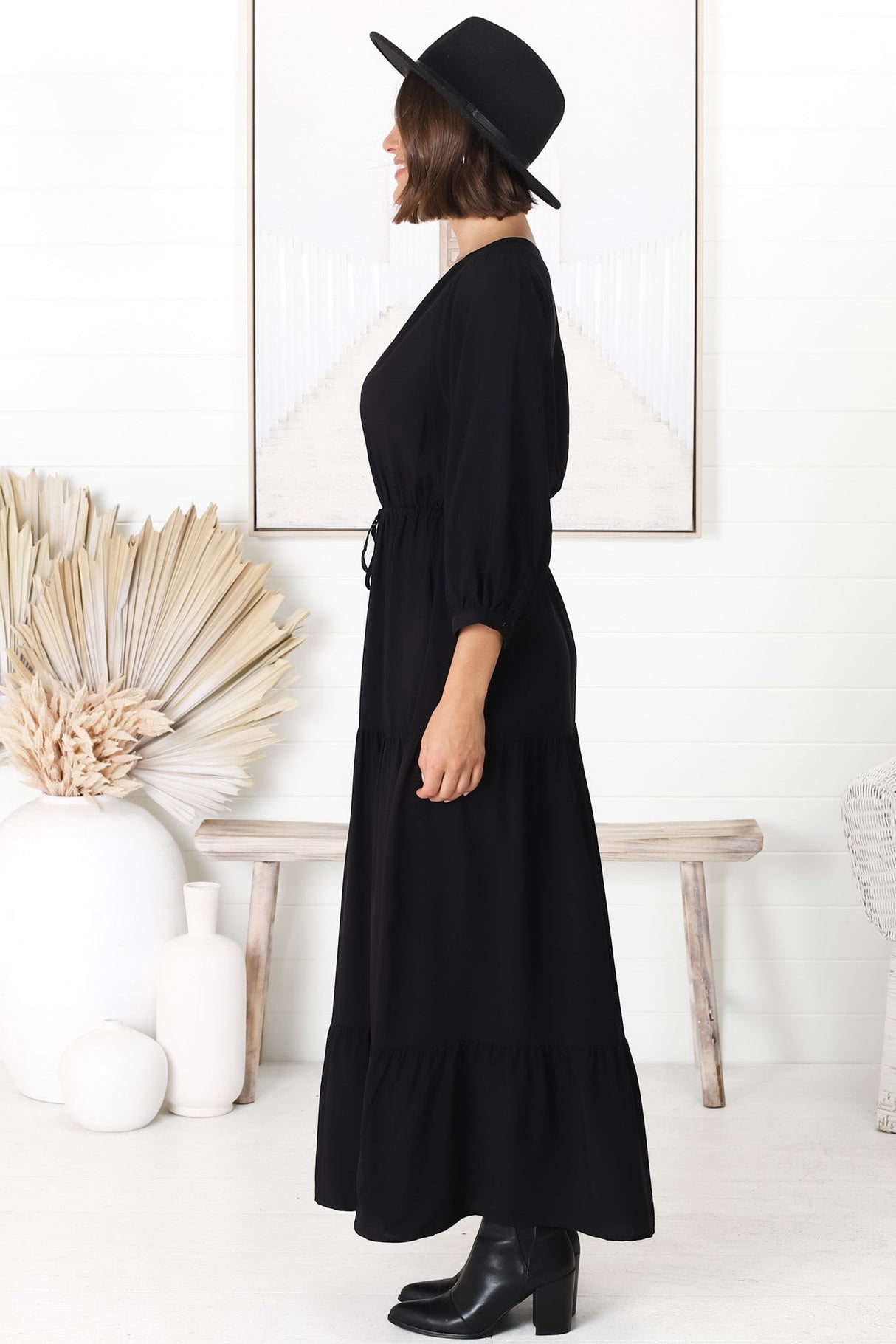 Mia Maxi Dress - V Neck 3/4 Sleeve Tiered Dress in Black