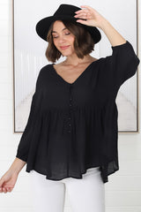 Lucah Top - V-Neck Button Through Mid Sleeve Top in Black