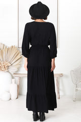 Mia Maxi Dress - V Neck 3/4 Sleeve Tiered Dress in Black