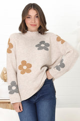 Shay Jumper - Multi Colour Flower Detail Crew Neck Jumper in Oat Marle