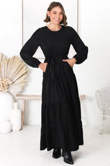 Binita Maxi Dress - Tiered Dress with Matching Belt in Black