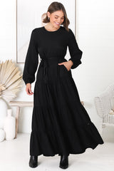 Binita Maxi Dress - Tiered Dress with Matching Belt in Black