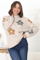 Shay Jumper - Multi Colour Flower Detail Crew Neck Jumper in Oat Marle