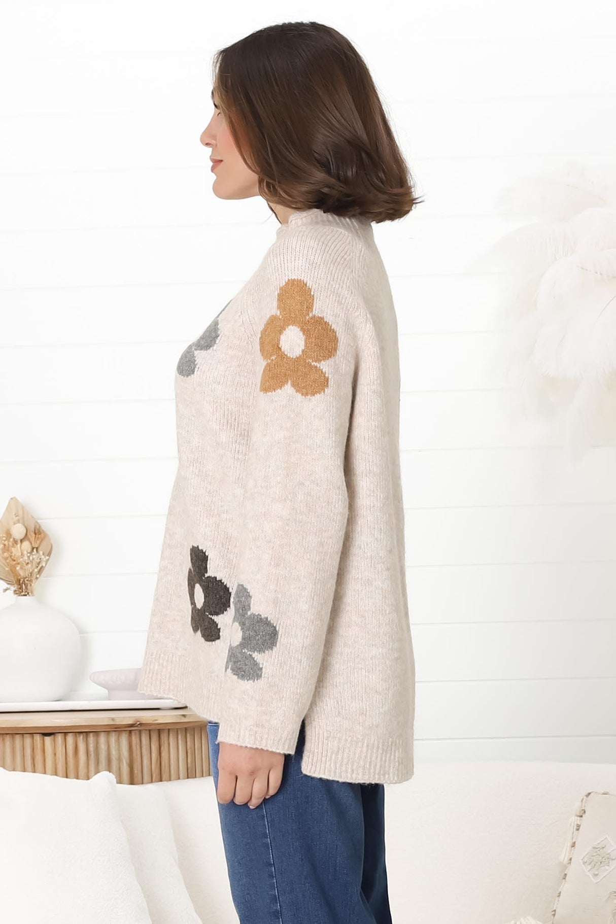 Shay Jumper - Multi Colour Flower Detail Crew Neck Jumper in Oat Marle