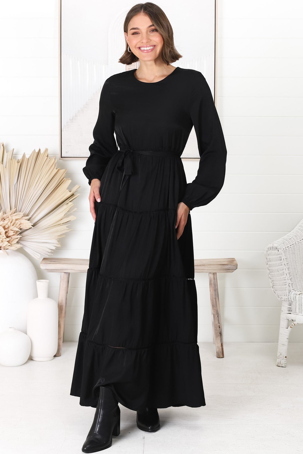 Binita Maxi Dress - Tiered Dress with Matching Belt in Black