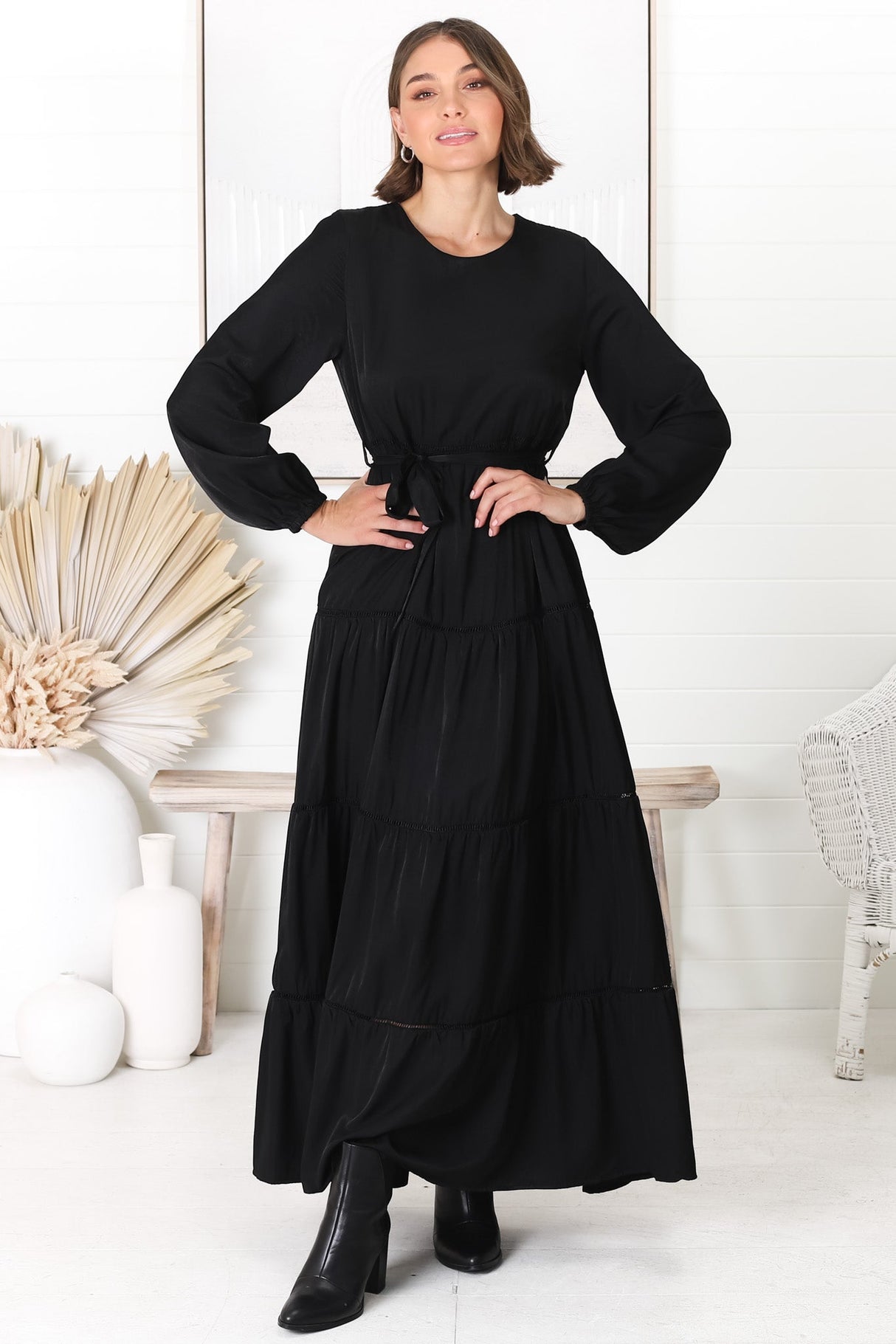 Binita Maxi Dress - Tiered Dress with Matching Belt in Black