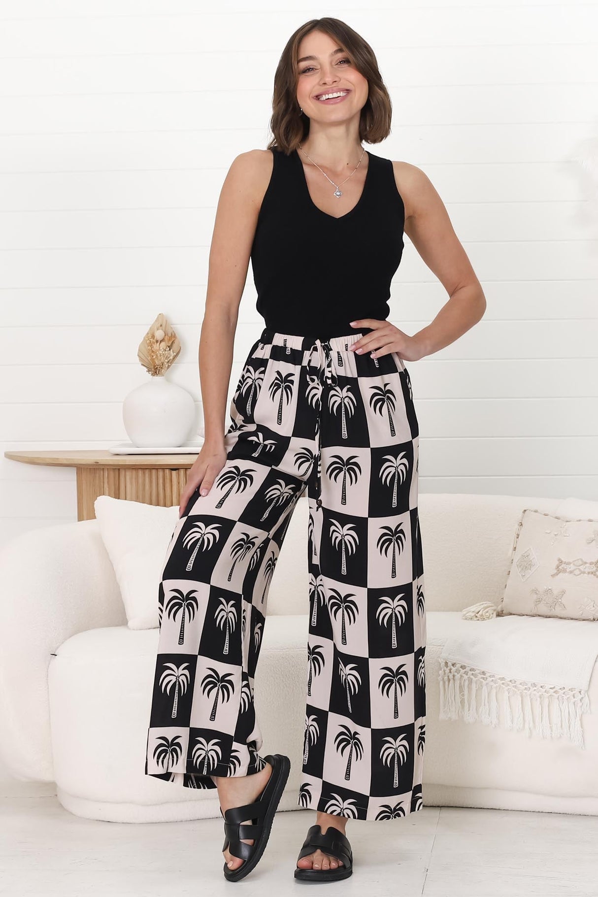 Mahina Pants - High Waisted Straight Leg Pants Nohea Print in Black