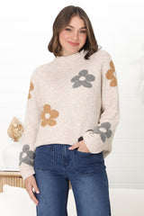 Shay Jumper - Multi Colour Flower Detail Crew Neck Jumper in Oat Marle