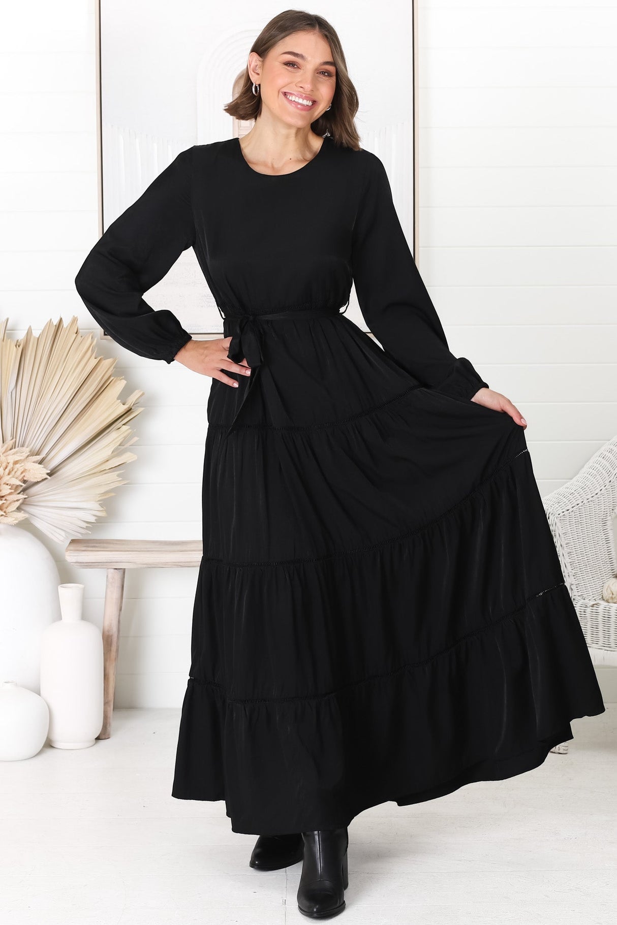 Binita Maxi Dress - Tiered Dress with Matching Belt in Black