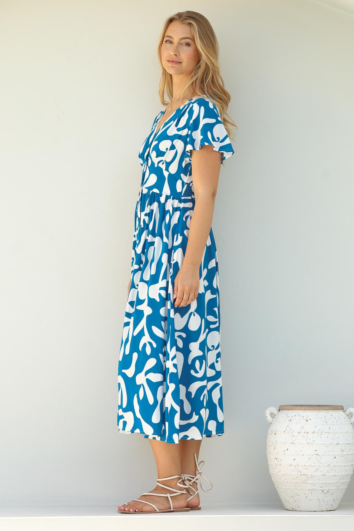 Loya Midi Dress - A Line Cap Sleeve Button Down Dress in Jaxie Print Blue